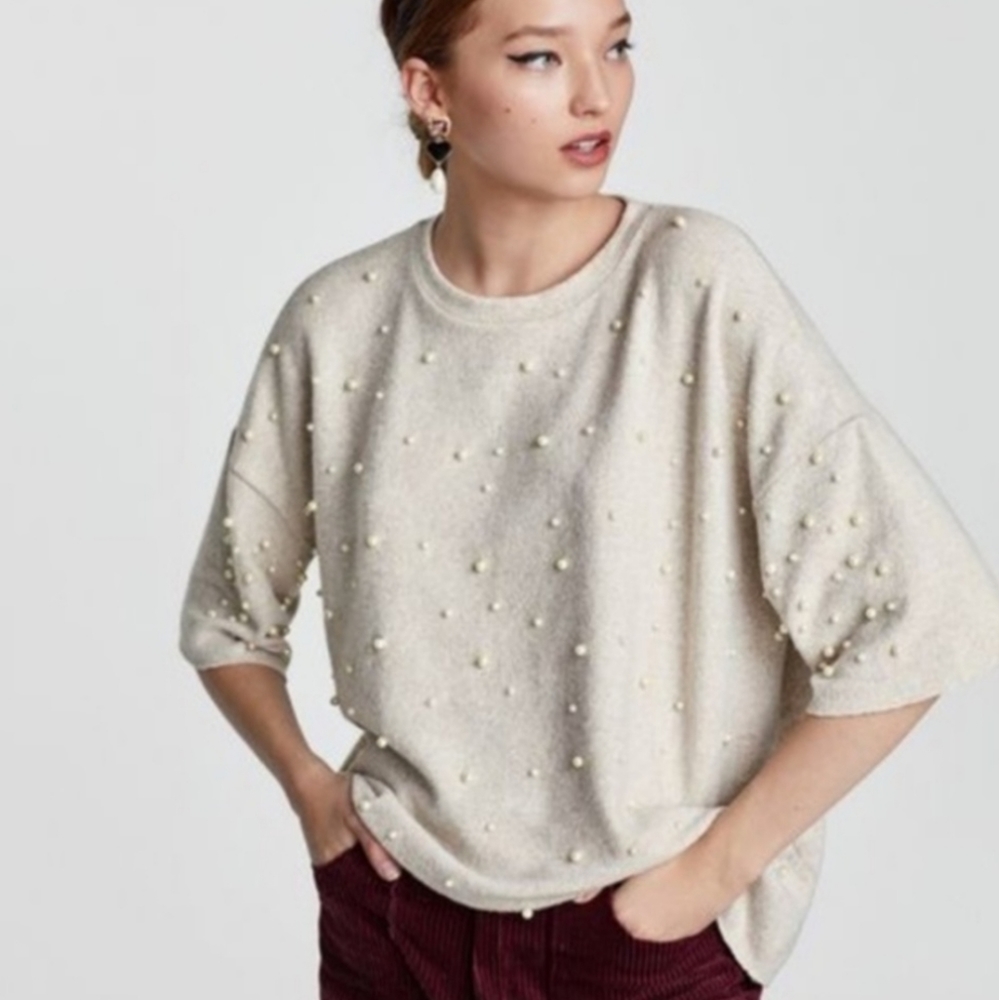 Zara Pearl Embellished Soft Knit Top